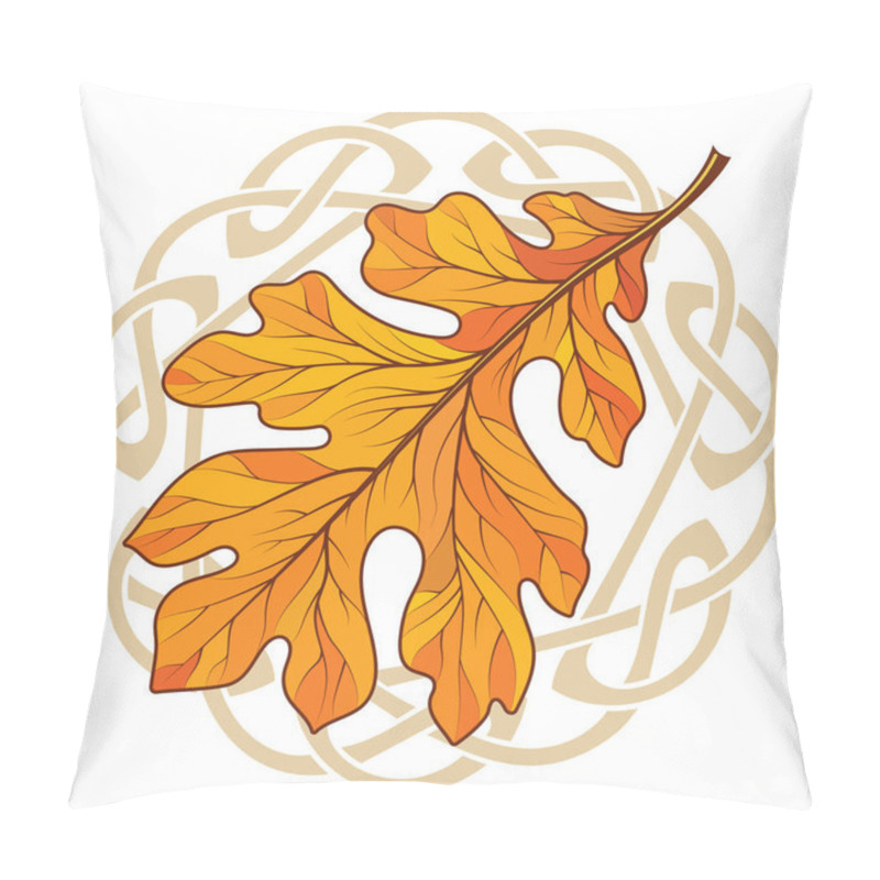 Personality  Oak leaf in autumn coloring and Celtic magic ornament, isolated on black, vector illustration pillow covers