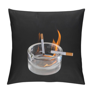 Personality  Studio View Of Glass Ash-pot With Burning Cigarettes Isolated On Black Pillow Covers