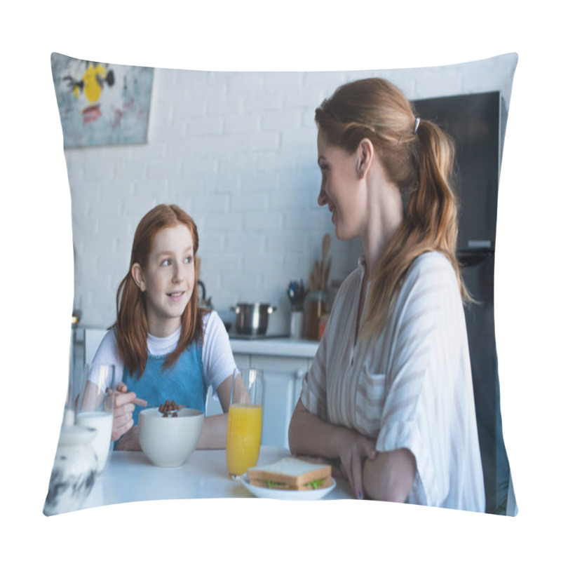 Personality  happy redhead girl talking to smiling mother during breakfast pillow covers
