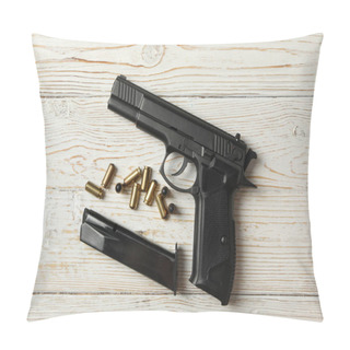 Personality  Pistol, Bullets And Magazine On Wooden Background Pillow Covers