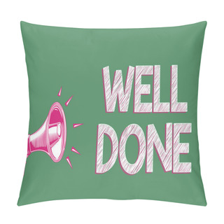 Personality  Handwriting Text Writing Well Done. Concept Meaning Peform Accurately And Diligently With Skill And Efficiently Megaphone Loudspeaker Green Background Important Message Speaking Loud Pillow Covers