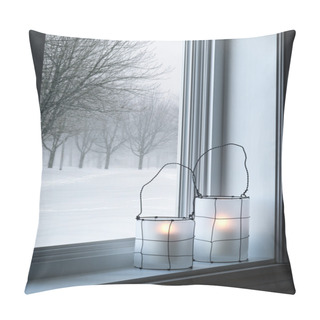 Personality  Cozy Lanterns And Winter Landscape Seen Through The Window Pillow Covers