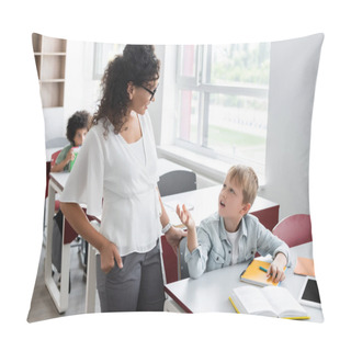 Personality  African American Teacher Standing With Hand In Pocket Near Boy Gesturing While Asking Question Pillow Covers