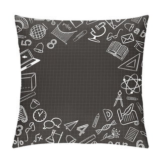 Personality  Pattern With School Elements In Chalky Style. Round Frame For The Design Of School Photo Albums, Books, Presentations And Posters. Hand Drawn Vector School Icons On Cell Background. Back To School. Pillow Covers