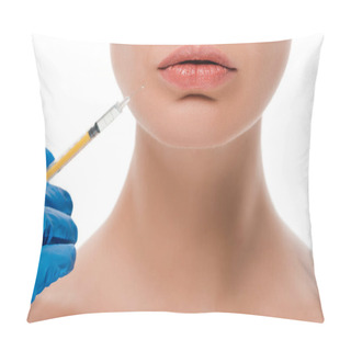 Personality  Cropped View Of Plastic Surgeon In Blue Latex Glove Holding Syringe Near Naked Patient Isolated On White  Pillow Covers