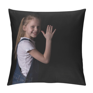 Personality  Beautiful Blonde Little Girl On A Dark Background. She Stands In Different Poses And Shows Different Emotions. Free Space For Your Text Pillow Covers