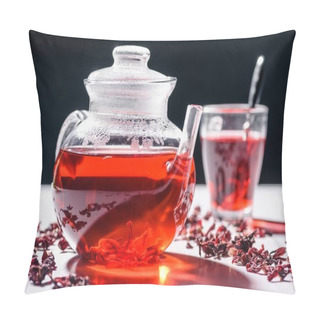 Personality  Glass Teapot With Hibiscus Tea And Cup With Spoon On Table Pillow Covers