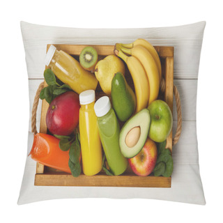 Personality  Top View Of Fruits And Detox Smoothies In Wooden Box Pillow Covers