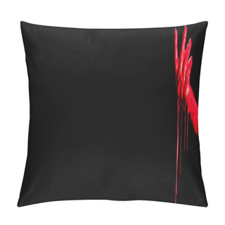Personality  Partial View Of Painted Hand With Red Dripping Paint Isolated On Black, Banner Pillow Covers