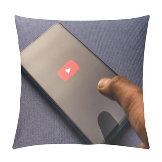 Personality  West Bangal, India - September 28, 2021 : Youtube Logo On Phone Screen Stock Image. Pillow Covers