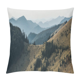 Personality  Panoramic Shot Of Golden Lawn With Pines Near Mountains  Pillow Covers