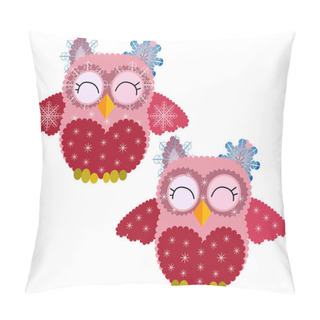 Personality  Two Cute Pink Owl In Snowflakes, In A Crown Of Snowflakes And With Snowflakes On Wings Pillow Covers