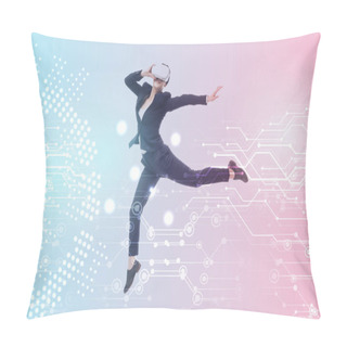 Personality  Young Businesswoman In Virtual Reality Headset Levitating On Blue And Pink Gradient Background With Cyberspace Illustration Pillow Covers