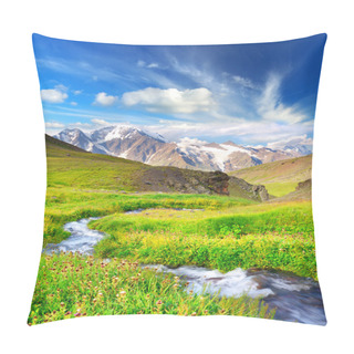 Personality  River In Mountain Valley With Bright Meadow. Natural Summer Landscape Pillow Covers