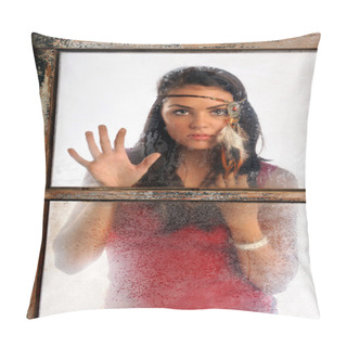 Personality  Young Woman Looking Through Window Pillow Covers