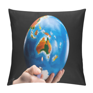 Personality  Cropped View Of Woman Holding Lighter And Globe Isolated On Black, Global Warming Concept Pillow Covers