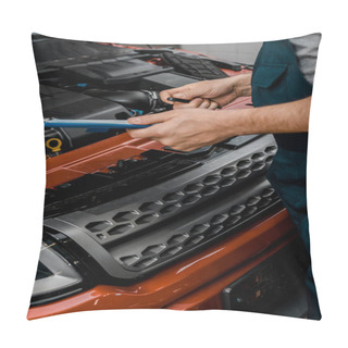 Personality  Partial View Of Repairman With Notepad Examining Car At Auto Repair Shop Pillow Covers