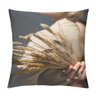 Personality  Ripe Wheat Spikelets With Woman On Blurred And Dark Grey Background Pillow Covers