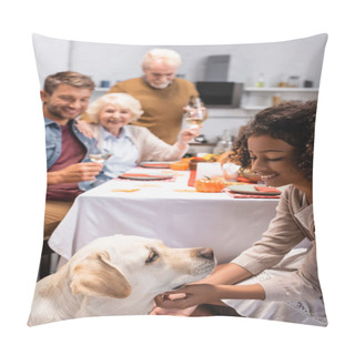 Personality  Selective Focus Of Joyful African American Girl Stroking Golden Retriever During Celebration Of Thanksgiving Day With Family Pillow Covers