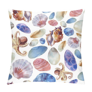 Personality  Watercolor Illustration, Pattern. Sea Pattern, Shells, Sea Stones Octopus White Background Pillow Covers