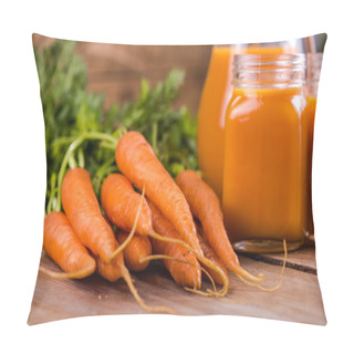 Personality  Carrot Juice In Mason Jar On Wooden Background Pillow Covers