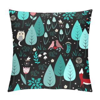 Personality  Spring Or Summer Pattern With Fox, Birds, Flowers, And Trees. Cute Magic Forest Background Pillow Covers