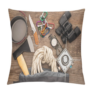 Personality  Top View Of Hiking Rope, Axe, Binoculars, Knife, Carabiners, Compass, Iron Mug And Gas Burner On Wooden Table Pillow Covers