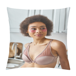 Personality  Portrait Of African American Woman In Bra With Pink Patches Under Eyes Standing In Modern Kitchen Pillow Covers