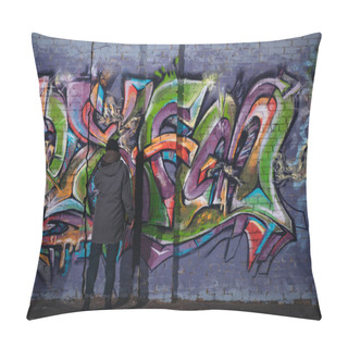 Personality  Back View Of Street Artist Painting Colorful Graffiti On Wall At Night  Pillow Covers