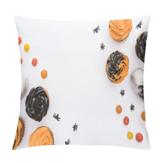 Personality  Top View Of Delicious Halloween Cupcakes With Spiders, Skulls And Bonbons On White Background Pillow Covers