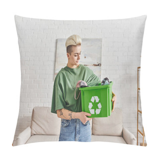 Personality  Eco-conscious Lifestyle, Young And Tattooed Woman With Trendy Hairstyle Holding Green Recycling Box With Clothing, Sustainable Living And Environmentally Friendly Habits Concept Pillow Covers