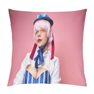 Personality  Alluring Fashionable Woman Cosplaying Cute Anime Character And Looking Away On Pink Backdrop Pillow Covers