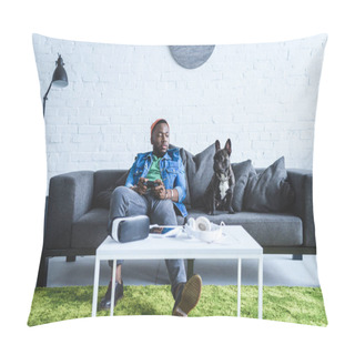 Personality  Digital Devices On Table In Front Of Young Man Holding Joystick And Sitting Om Sofa By French Bulldog Pillow Covers