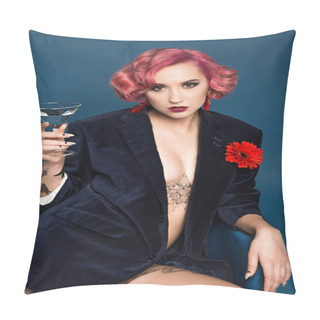 Personality  Beautiful Tattoed Pin Up Girl In Jacket With Boutonniere And Wineglass Infront Of Blue Background Pillow Covers