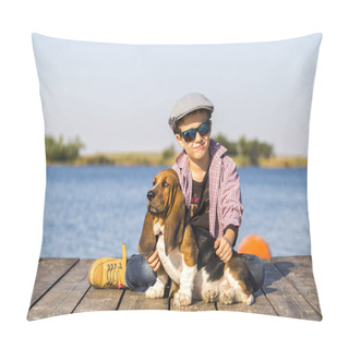 Personality  Little Cute Boy Is Sitting By The River With His Dog. They Enjoy Together On A Beautiful Sunny Day. Boy Hugging His Puppy. Growing Up, Love For Animals - Dogs, Free Time, Travel, Vacation. Copy Space Pillow Covers