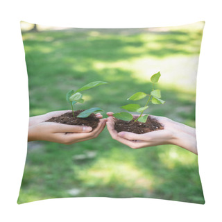 Personality  Cropped View Of Girls Holding Ground With Seedlings In Hands Pillow Covers