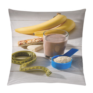 Personality  Glass Of Protein Shake With Bananas And Energy Bars On White Wooden Table Pillow Covers