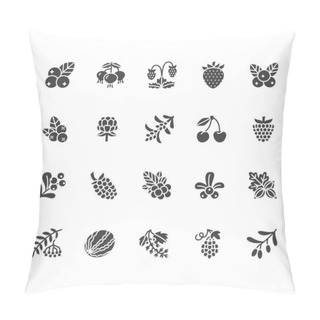 Personality  Forest Berries Colored Flat Glyph Icons - Blueberry, Cranberry, Raspberry, Strawberry, Cherry, Rowan Berry Blackberry. Watermelon, Grapes, Olives Silhouette Illustrations For Natiral Food Store. Pillow Covers