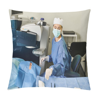 Personality  A Woman Wearing A Surgical Mask In A Hospital Room During A Medical Procedure. Pillow Covers