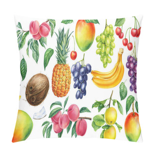 Personality  Set Ripe Fruits, Orange, Banana, Coconut, Sweet, Mango And Grapes. Pomegranates And Pineapple. Watercolor Illustration. High Quality Illustration Pillow Covers