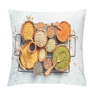 Personality  Bowls Of Legumes, Lentils, Chickpeas, Beans, Rice And Cereals On A Stone Background, Top View. Pillow Covers