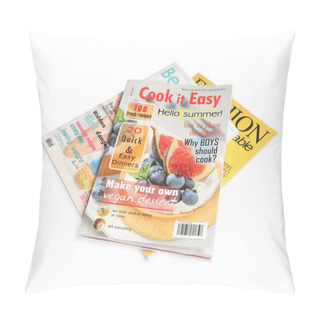 Personality  Stack Of Different Magazines On White Background Pillow Covers