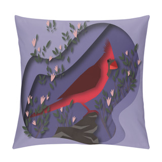 Personality  Bird Northern Cardinal. Spring Illustration Of Paper-cut Style. Postcard To The International Day Of Birds. Pillow Covers