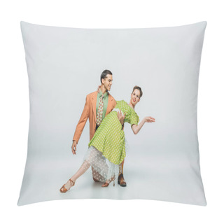 Personality  Handsome Dancer Standing On Knee And Supporting Partner While Dancing Boogie-woogie On Grey Background Pillow Covers
