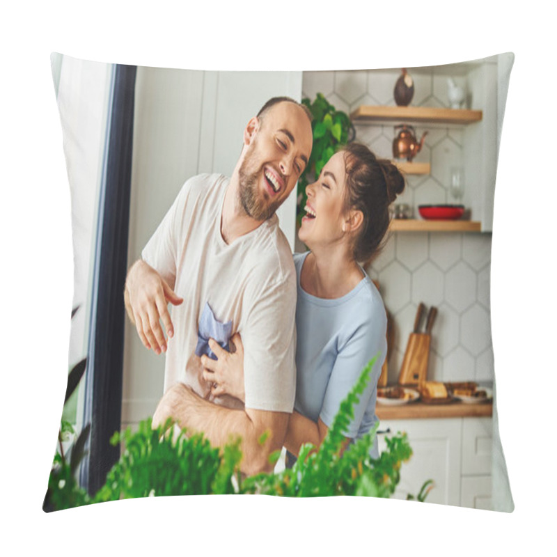 Personality  Joyful Brunette Woman In Loungewear Embracing Bearded Boyfriend Near Green Plants At Home Pillow Covers