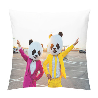 Personality  Storytelling Image Of A Couple Wearing Giant Panda Head And Colored Suits. Man And Woman Making Party In A Parking Lot. Pillow Covers