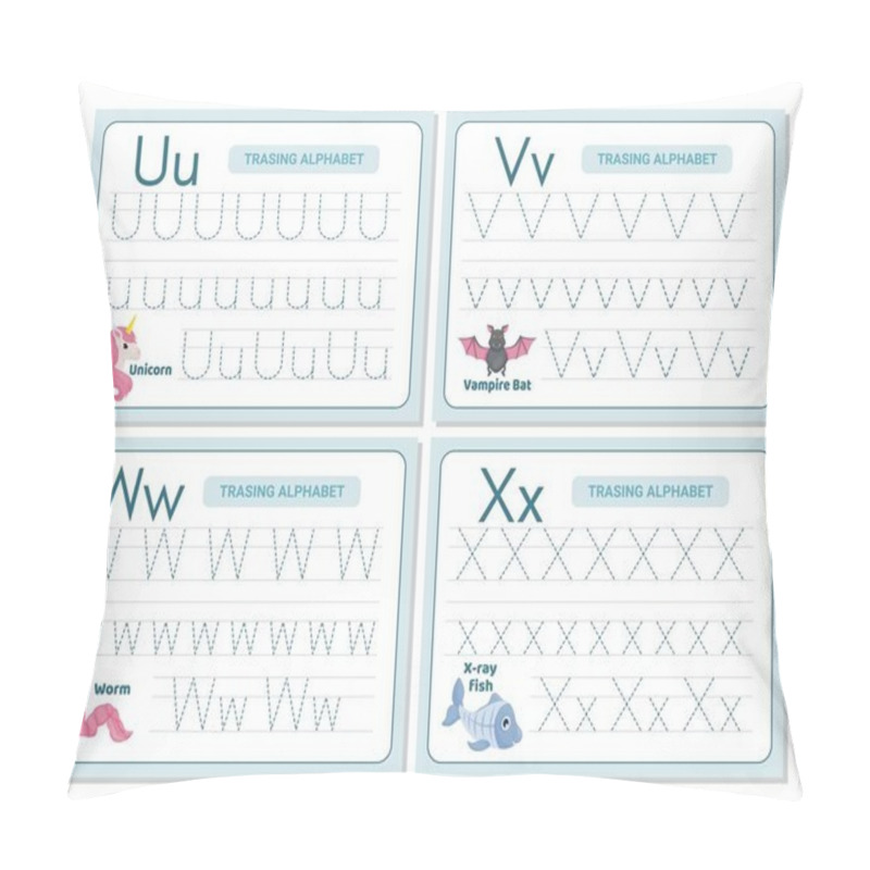 Personality  Alphabet tracing practice Letter U, V, W, X. Tracing practice worksheet. Learning alphabet activity page. Printable template. Uppercase lowercase trace practice worksheet. Learning English handwriting pillow covers