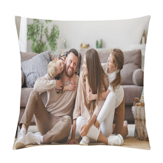 Personality  Happy Family Mother Father And Children At Home On Floor Next To The Sof Pillow Covers