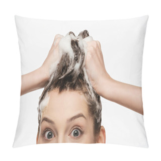 Personality  Surprised Girl With Wide Open Eyes Washing Hair Isolated On White Pillow Covers