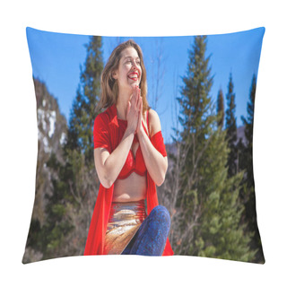 Personality  Lady Celebrates Freedom In Mountains. Pillow Covers